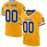 Personalized Gold Throwback Football Jersey with Royal-White Mesh Design Personalized Gold Royal-White Mesh Authentic Throwback
