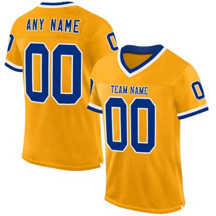 Personalized Gold Throwback Football Jersey with Royal-White Mesh Design Personalized Gold Royal-White Mesh Authentic Throwback
