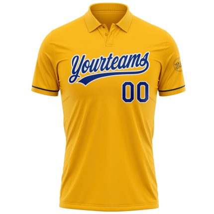 Custom Name and Number Personalized Gold Royal-White Golf Polo Shirt - Performance Style Personalized Gold Royal-White Performance