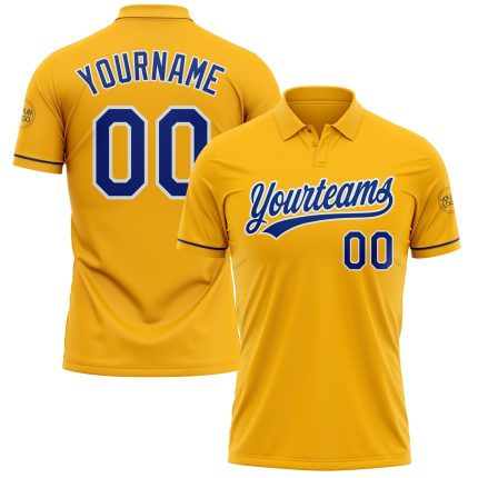 Custom Name and Number Personalized Gold Royal-White Golf Polo Shirt - Performance Style Personalized Gold Royal-White Performance
