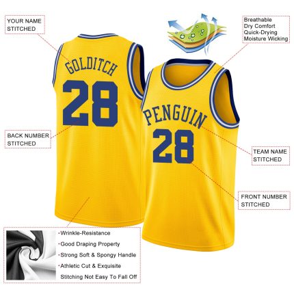 Custom Name and Number Personalized Gold Royal-White Basketball Jersey Rib-Knit Round Neck Team Apparel Personalized Gold