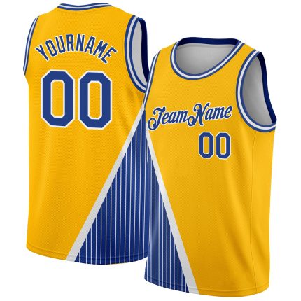 Custom Name Number Basketball Jersey - Personalized Gold Royal-White Triangle Pinstripes Authentic City Edition Personalized