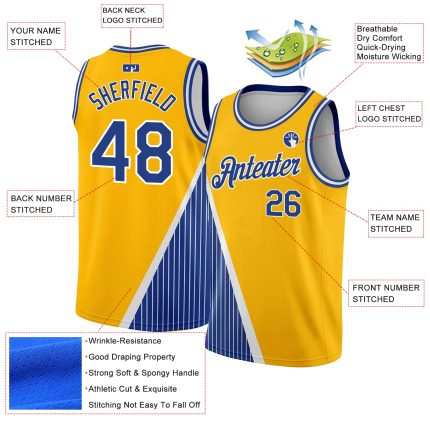 Custom Name Number Basketball Jersey - Personalized Gold Royal-White Triangle Pinstripes Authentic City Edition Personalized