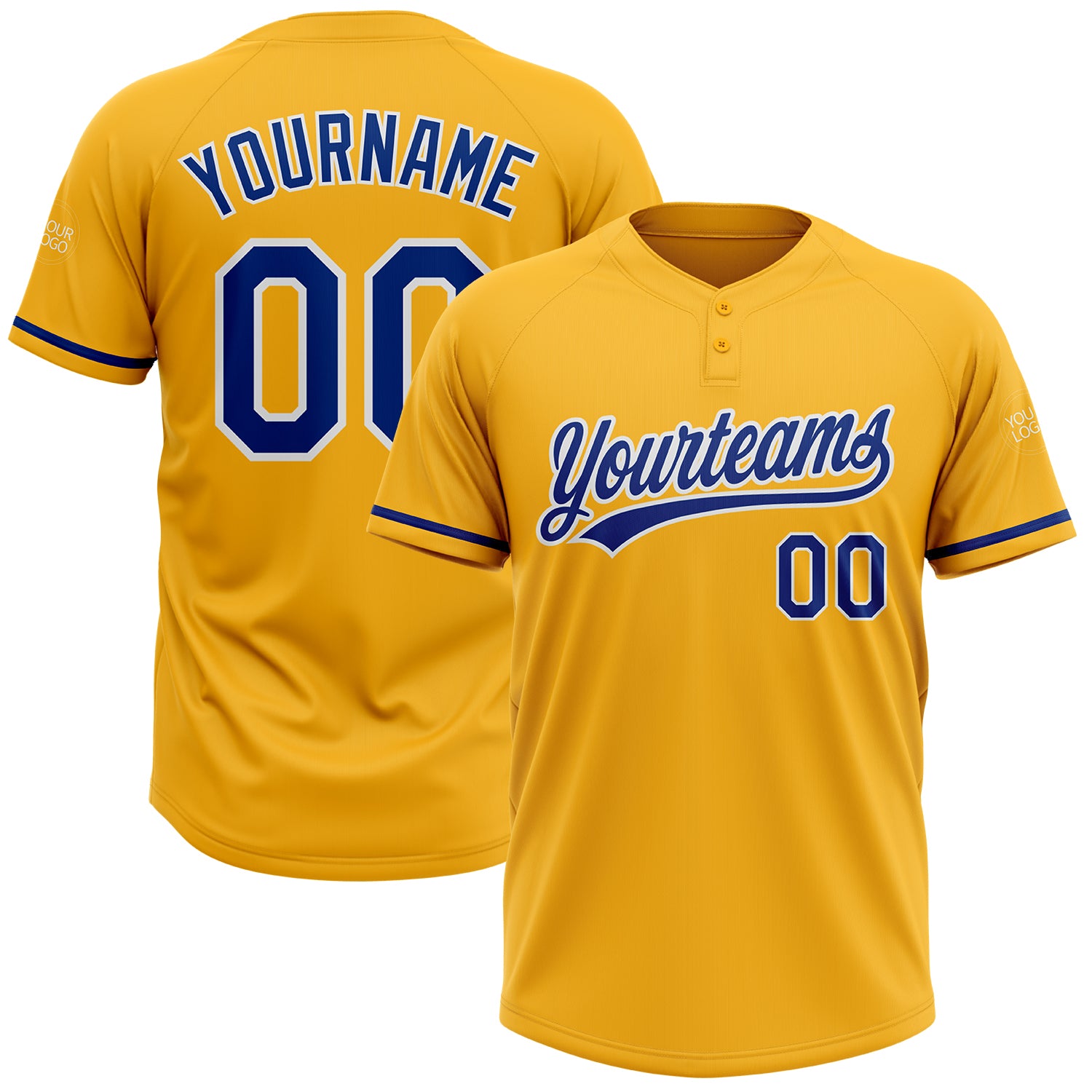 Gold Personalized Unisex Softball Jersey - Royal White Two-Button Design Personalized Gold Royal-White Two-Button Unisex