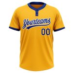 Custom Name and Number Personalized Gold Unisex Softball Jersey - Royal White Two-Button Design Personalized Gold Royal-White