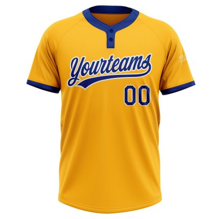 Custom Name and Number Personalized Gold Unisex Softball Jersey - Royal White Two-Button Design Personalized Gold Royal-White