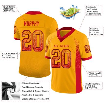Custom Name and Number Personalized Gold Scarlet-Black Mesh Football Jersey for Team Fashion Personalized Gold Scarlet-Black
