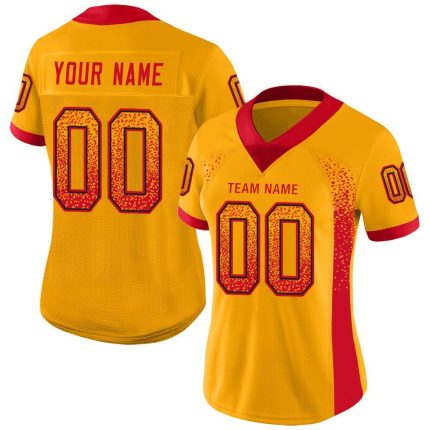 Custom Name and Number Personalized Gold Scarlet-Black Mesh Football Jersey for Team Fashion Personalized Gold Scarlet-Black