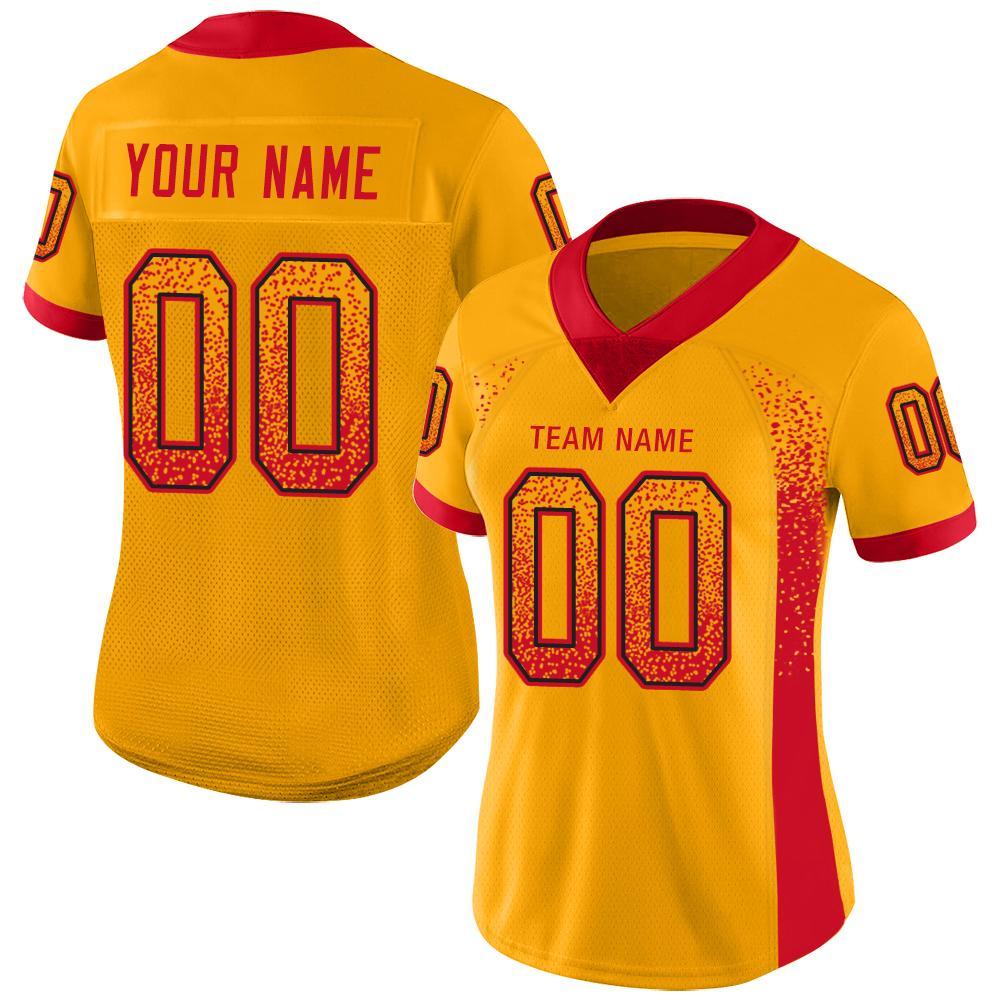 Custom Name and Number Personalized Gold Scarlet-Black Mesh Football Jersey for Team Fashion Personalized Gold Scarlet-Black
