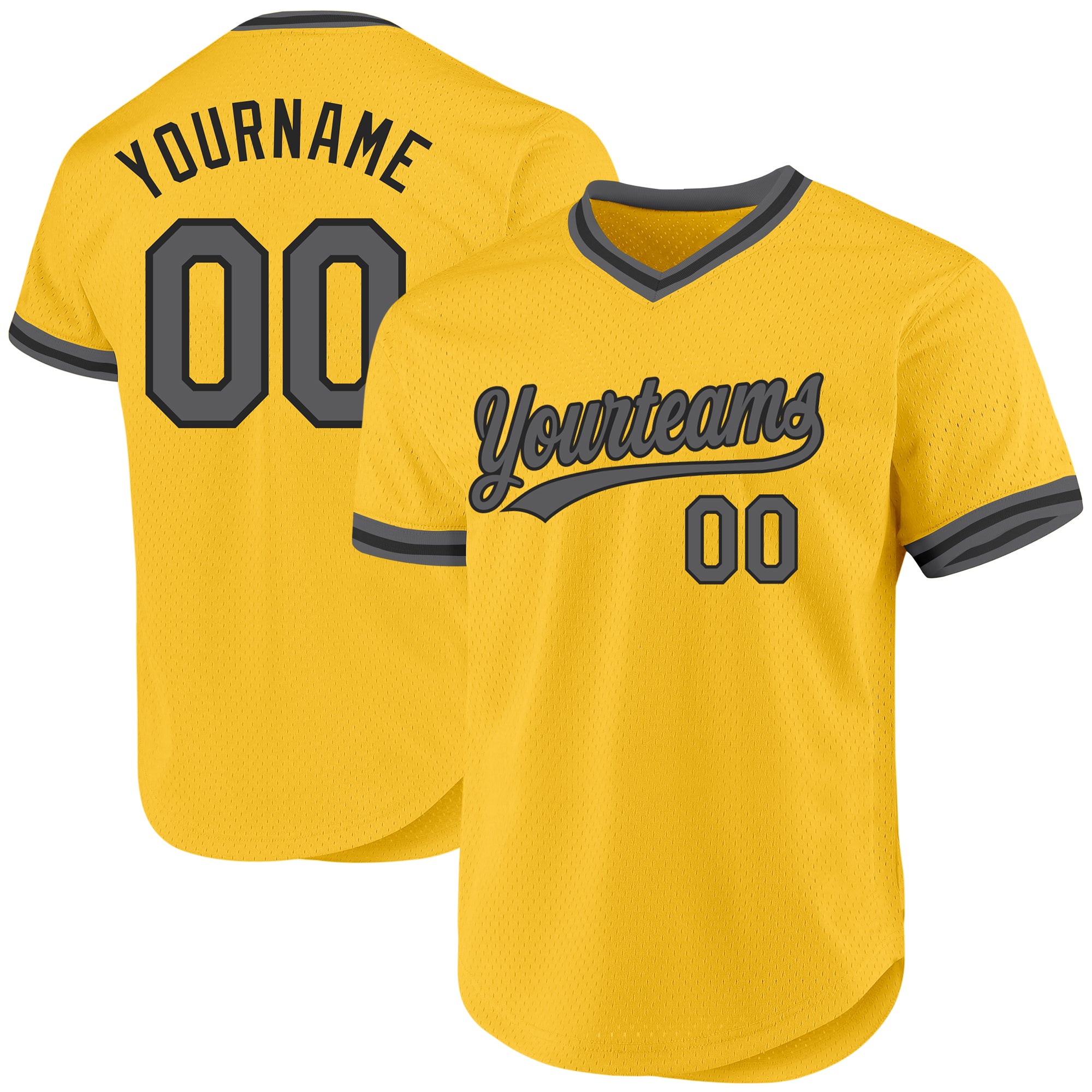 Custom Name and Number Authentic Throwback Baseball Jersey - Personalized Gold Steel Gray-Black Design Personalized Gold