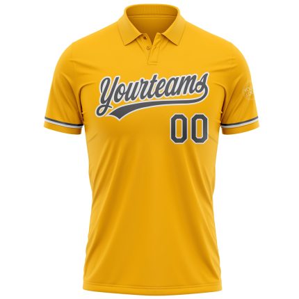 Custom Name Number Vapor Golf Polo Shirt - Personalized Gold Gray White Performance Apparel Personalized Gold Steel Gray-White