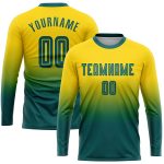 Custom Name Number Soccer Jersey - Personalized Gold Teal Long Sleeve Fade Fashion Uniform Personalized Gold Teal Sublimation