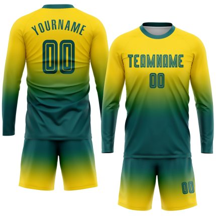 Custom Name Number Soccer Jersey - Personalized Gold Teal Long Sleeve Fade Fashion Uniform Personalized Gold Teal Sublimation