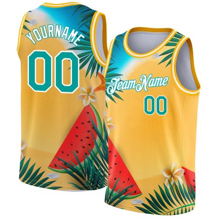Custom Tropical Beach Basketball Jersey with Personalized Name and Number - Gold Teal-White Palm Trees Design Personalized