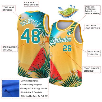 Custom Tropical Beach Basketball Jersey with Personalized Name and Number - Gold Teal-White Palm Trees Design Personalized