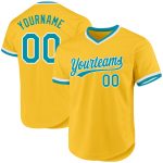 Custom Name and Number Authentic Throwback Baseball Jersey - Personalized Gold Teal-White Design Personalized Gold Teal-White