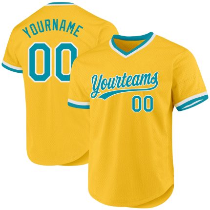 Custom Name and Number Authentic Throwback Baseball Jersey - Personalized Gold Teal-White Design Personalized Gold Teal-White