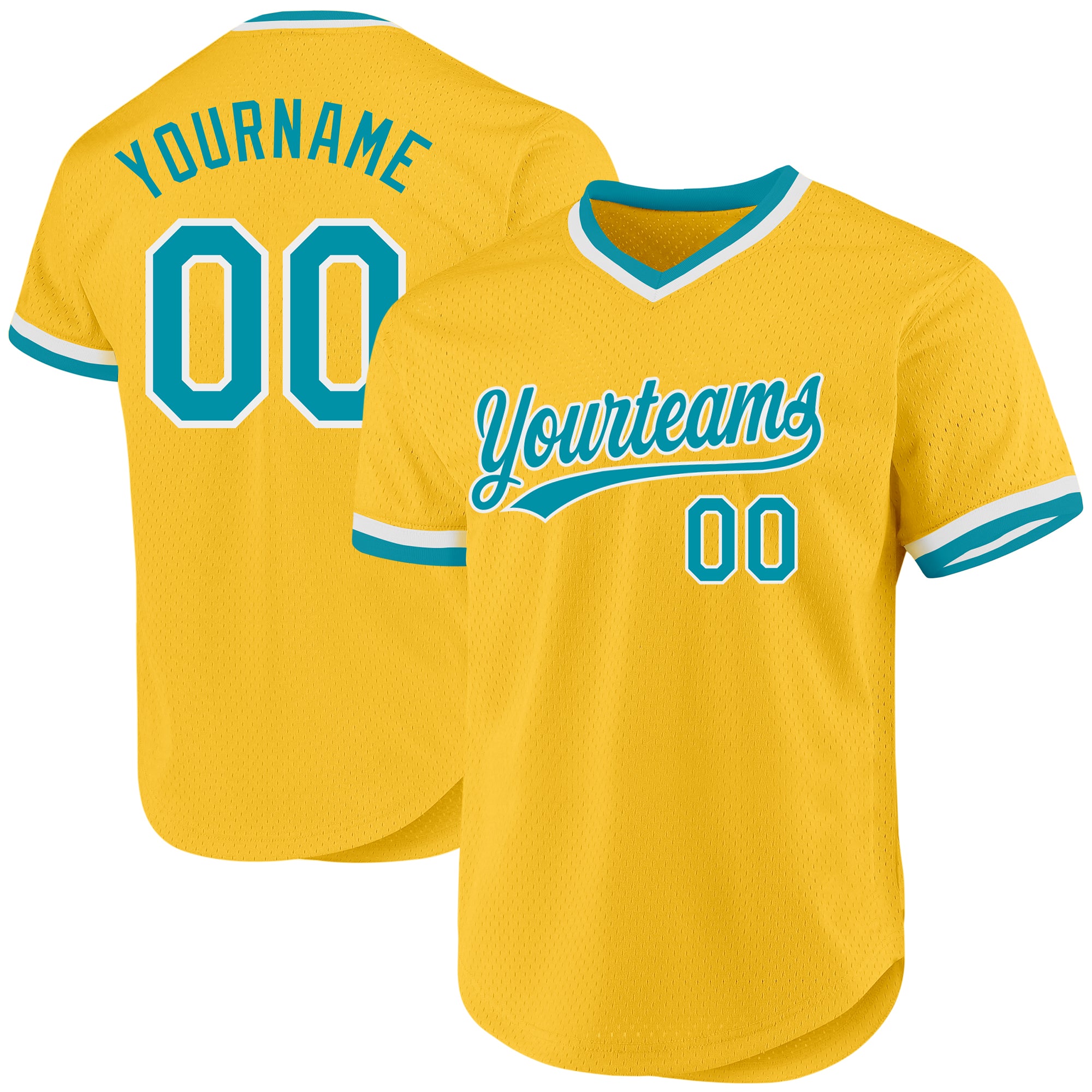 Custom Name and Number Authentic Throwback Baseball Jersey - Personalized Gold Teal-White Design Personalized Gold Teal-White