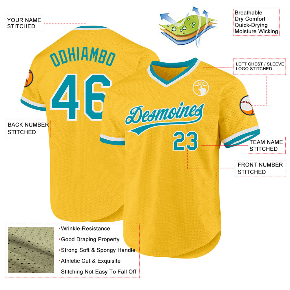 Personalized Gold Teal-White Authentic Throwback Baseball Jersey Team Custom Name and Number Custom Name and Number Authentic Throwback Baseball Jersey - Personalized Gold Teal-White Design Personalized Gold Teal-White - Image 3