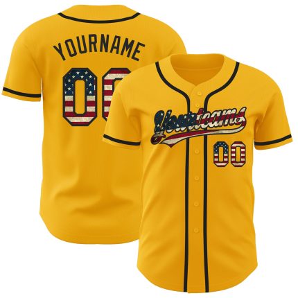 Personalized Vintage USA Flag Baseball Jersey - Custom Name & Number in Black Gold Authentic Design Personalized Gold Vintage