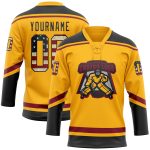 Personalized Vintage Gold USA Flag Hockey Jersey, Custom Name & Number, Black Crimson Lace Neck Team Apparel Personalized