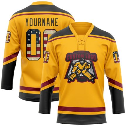 Personalized Vintage Gold USA Flag Hockey Jersey, Custom Name & Number, Black Crimson Lace Neck Team Apparel Personalized