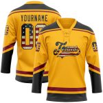 Personalized Vintage Gold USA Flag Hockey Jersey, Custom Name & Number, Black Crimson Lace Neck Team Apparel Personalized