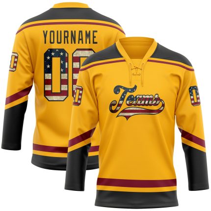 Personalized Vintage Gold USA Flag Hockey Jersey, Custom Name & Number, Black Crimson Lace Neck Team Apparel Personalized