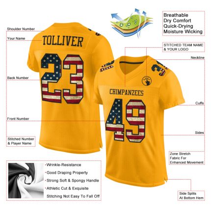 Custom Name and Number Personalized Vintage USA Flag Football Jersey, Black Mesh, Authentic Team Gear Personalized Gold Vintage