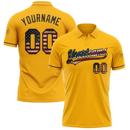 Personalized USA Flag Golf Polo Shirt - Custom Black Performance Vapor, Team Name & Number, Vintage Style Personalized Gold