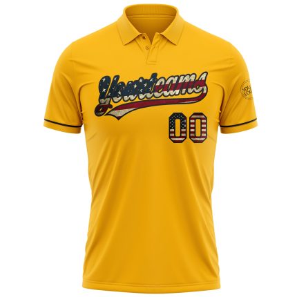 Personalized USA Flag Golf Polo Shirt - Custom Black Performance Vapor, Team Name & Number, Vintage Style Personalized Gold