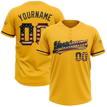 Custom Name Number Personalized Gold Vintage USA Flag Unisex Softball Jersey Black Two-Button Personalized Gold Vintage USA