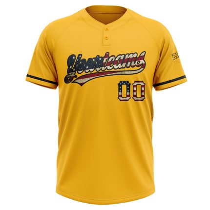 Custom Name Number Personalized Gold Vintage USA Flag Unisex Softball Jersey Black Two-Button Personalized Gold Vintage USA