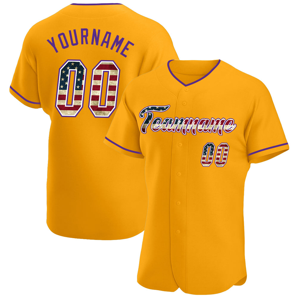 Custom Name and Number Vintage USA Flag Baseball Jersey - Personalized Purple Gold Authentic Team Jersey Personalized Gold