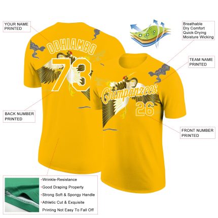 Personalized Gold White 3D Animal Crane T-Shirt Custom Team Name & Number Performance Tee Personalized Gold White 3D Pattern
