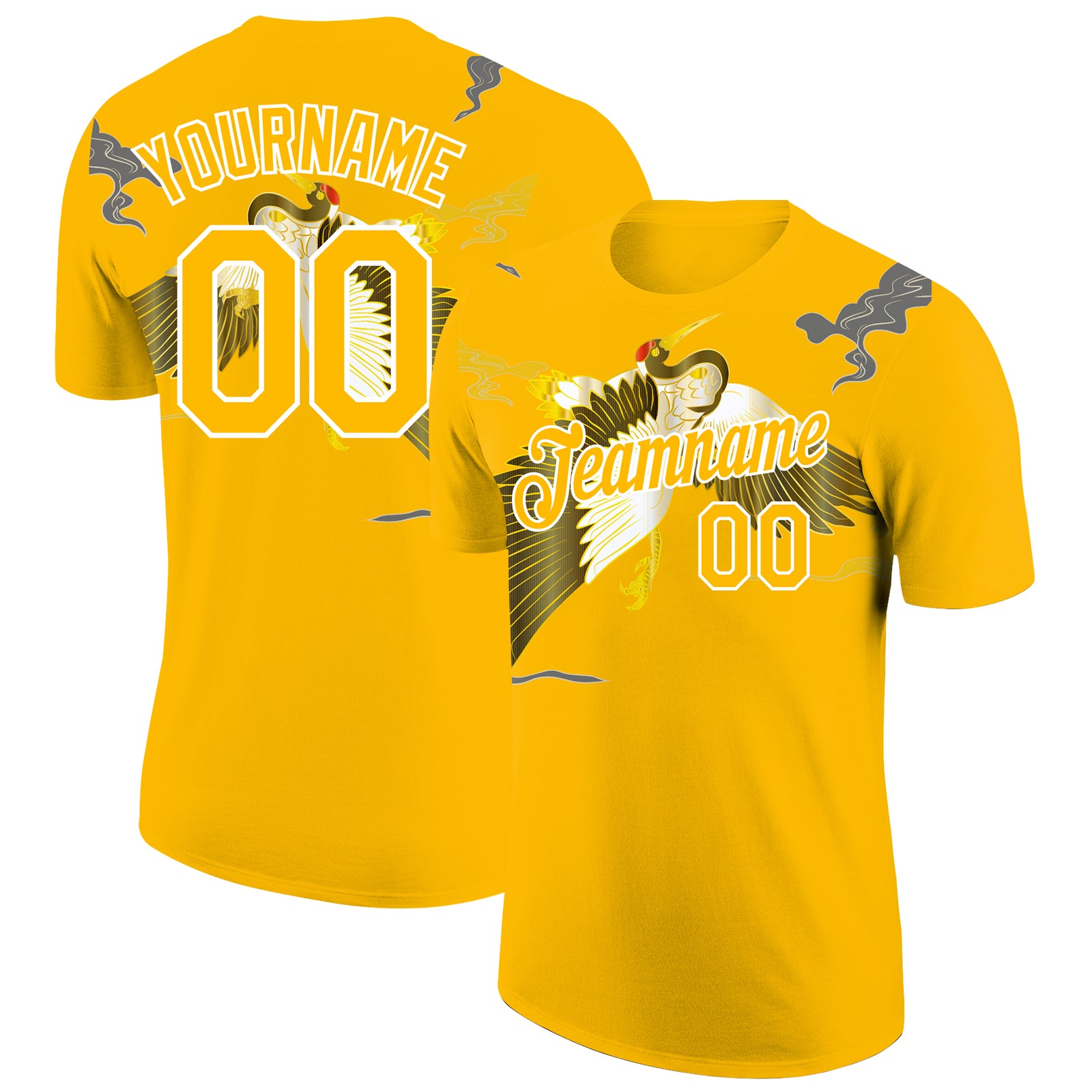 Personalized Gold White 3D Animal Crane T-Shirt Custom Team Name & Number Performance Tee Personalized Gold White 3D Pattern