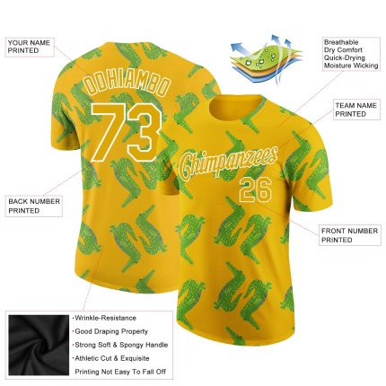 Custom Name Number Crocodile T-Shirt Gold White 3D Pattern Design Performance Apparel Personalized Gold White 3D Pattern