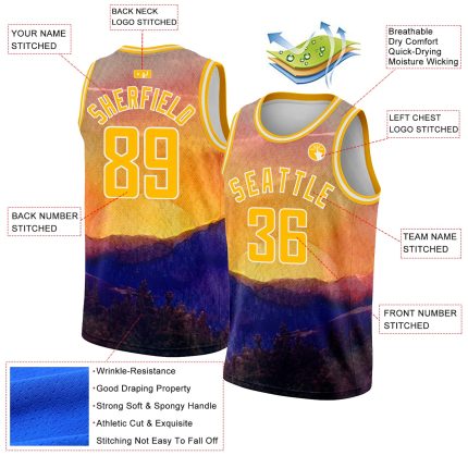 Personalized Sunset Landscape 3D Pattern Gold White Watercolor Basketball Jersey Custom Name & Number Personalized Gold White