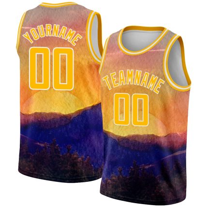 Personalized Sunset Landscape 3D Pattern Gold White Watercolor Basketball Jersey Custom Name & Number Personalized Gold White