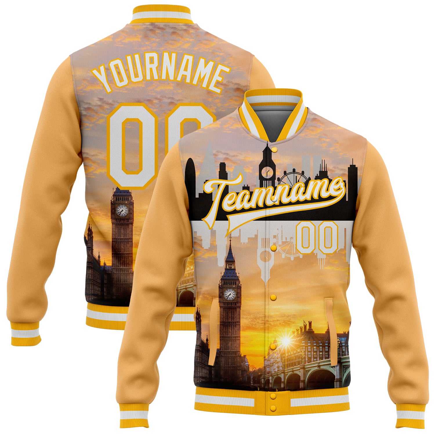 Personalized Gold White 3D Big Ben Westminster Bridge London Varsity Jacket Custom Name & Number Full-Snap Bomber Team Edition