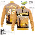 Personalized Gold White 3D Big Ben Westminster Bridge London Varsity Jacket Custom Name & Number Full-Snap Bomber Team Edition