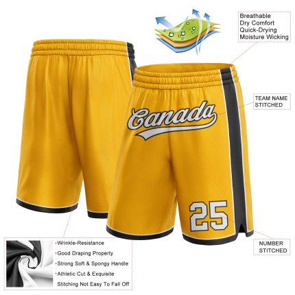 Custom Name and Number Personalized Authentic Basketball Shorts - Gold White-Black Team Gear Personalized Gold White-Black