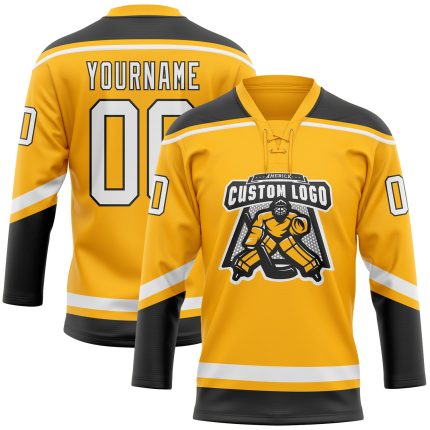 Custom Team Hockey Jersey with Personalized Name & Number in Gold and White-Black Lace Design Personalized Gold White-Black