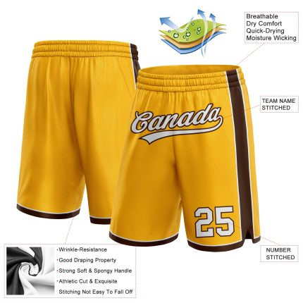 Custom Name and Number Basketball Shorts - Personalized Gold White-Brown Authentic Team Gear Personalized Gold White-Brown
