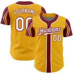 Custom Name and Number Authentic Baseball Jersey in Gold White Crimson - Personalized Team Colors and Arm Shapes Personalized