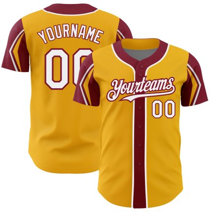 Custom Name and Number Authentic Baseball Jersey in Gold White Crimson - Personalized Team Colors and Arm Shapes Personalized