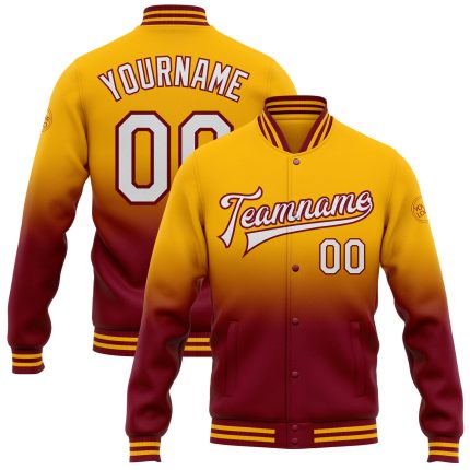 Custom Name & Number Varsity Letterman Jacket - Personalized Gold White-Crimson Bomber Fade Fashion Jacket Personalized Gold