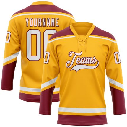 Custom Name Number Hockey Jersey - Personalized Gold White Crimson Lace Neck Team Jersey Personalized Gold White-Crimson