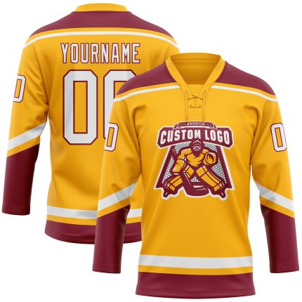 Custom Name Number Hockey Jersey - Personalized Gold White Crimson Lace Neck Team Jersey Personalized Gold White-Crimson