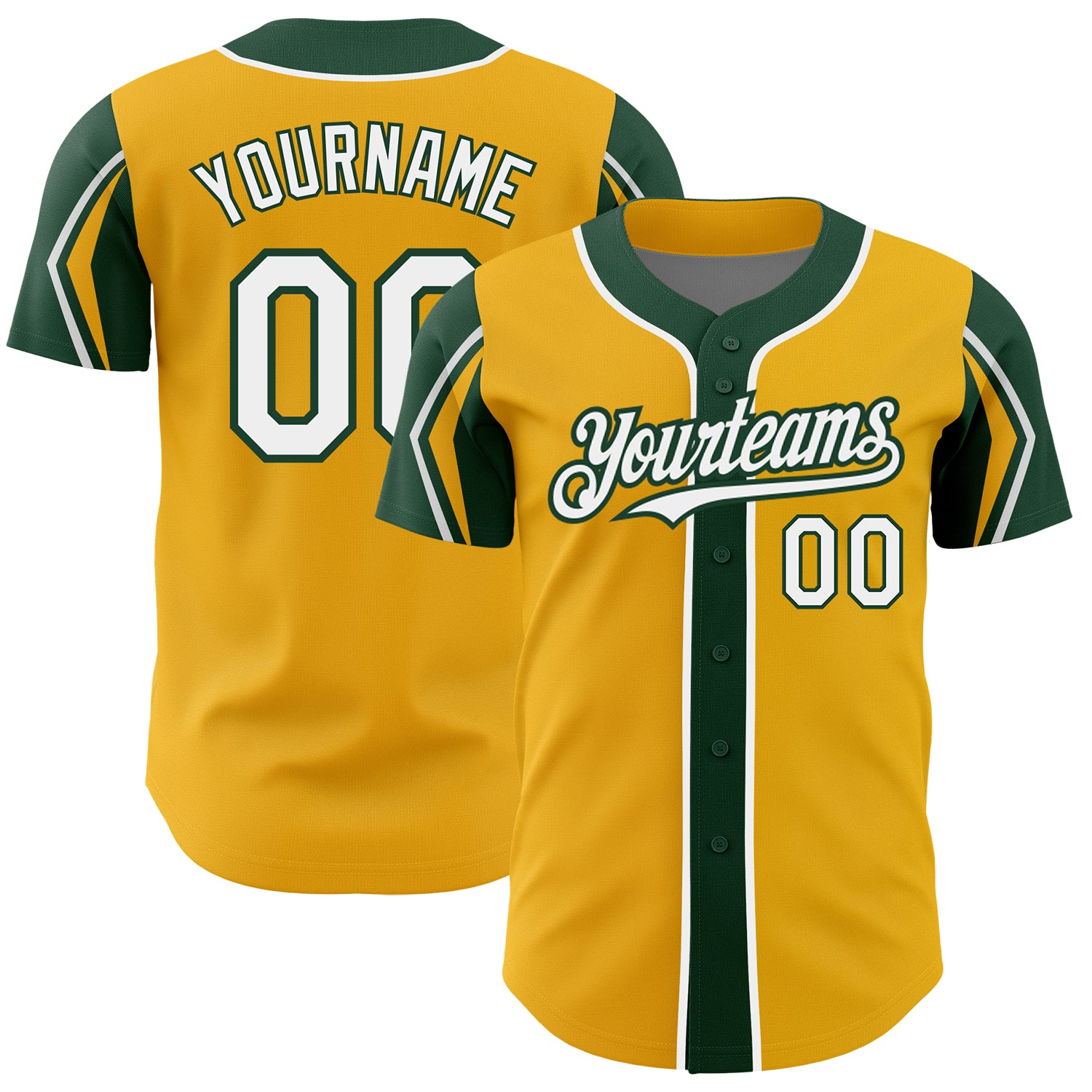 Custom Name and Number Personalized Authentic Baseball Jersey in Gold White-Green Arm Shapes - 3 Color Options Available